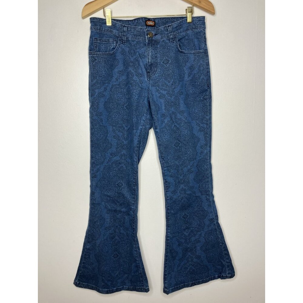 Run & Fly Blue Paisley Print Flare Jeans Women's Size 32 R Retro Boho - Picture 1 of 9